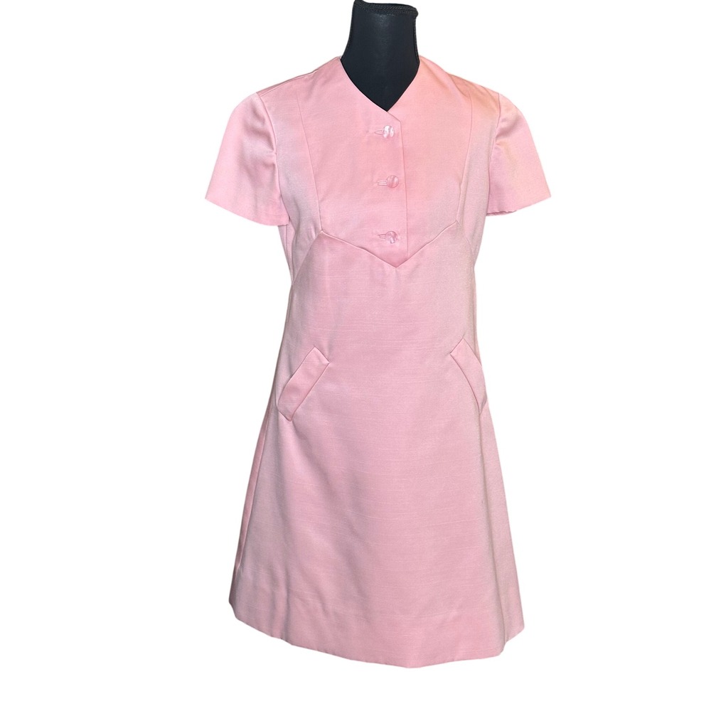 Vintage 60s Mod Pink Shift Dress Short Sleeve A-Line Pocketed Retro Mini Dress